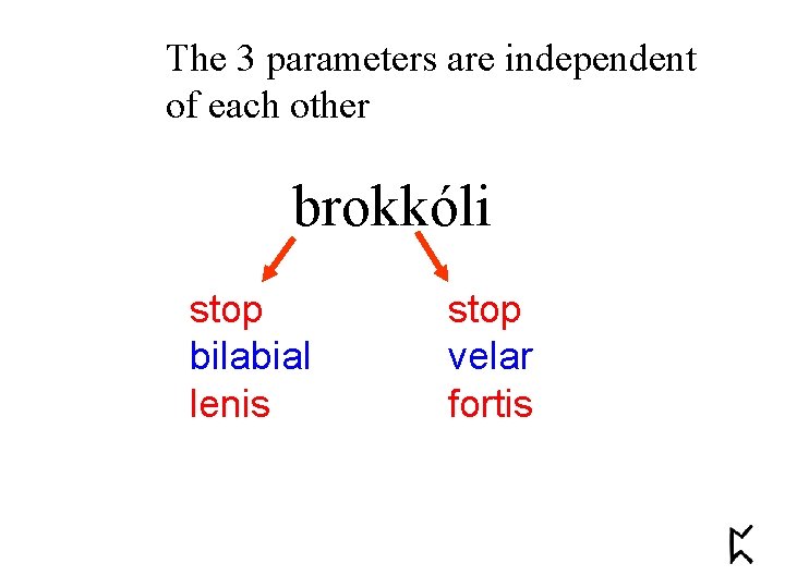 The 3 parameters are independent of each other brokkóli stop bilabial lenis stop velar