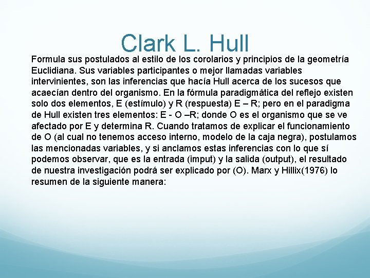 Clark L. Hull Formula sus postulados al estilo de los corolarios y principios de