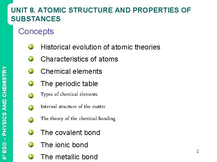 UNIT 8. ATOMIC STRUCTURE AND PROPERTIES OF SUBSTANCES Concepts Historical evolution of atomic theories UNIT 8. ATOMIC STRUCTURE AND PROPERTIES OF SUBSTANCES Concepts Historical evolution of atomic theories