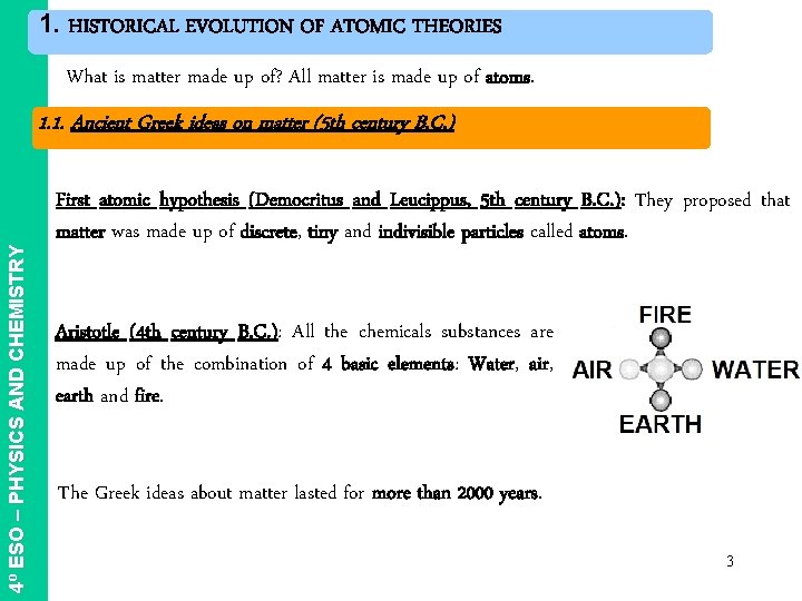 1. HISTORICAL EVOLUTION OF ATOMIC THEORIES What is matter made up of? All matter 1. HISTORICAL EVOLUTION OF ATOMIC THEORIES What is matter made up of? All matter