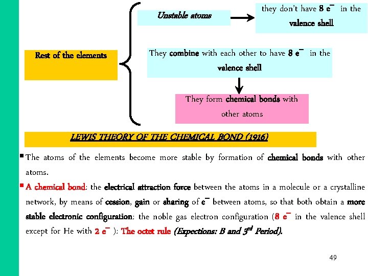 Unstable atoms Rest of the elements they don’t have 8 e in the valence Unstable atoms Rest of the elements they don’t have 8 e in the valence