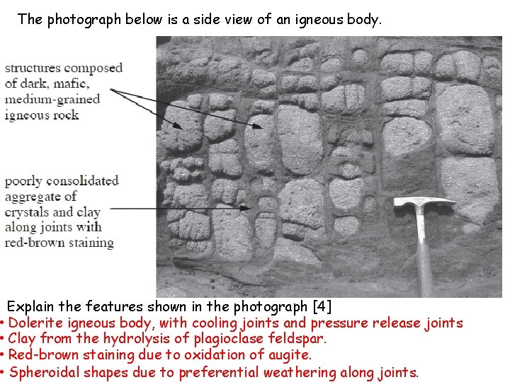 The photograph below is a side view of an igneous body. Explain the features