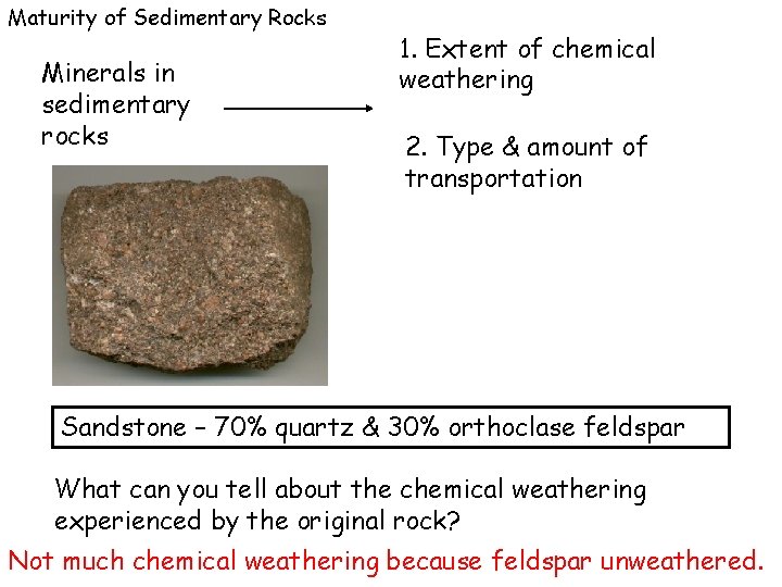Maturity of Sedimentary Rocks Minerals in sedimentary rocks 1. Extent of chemical weathering 2.