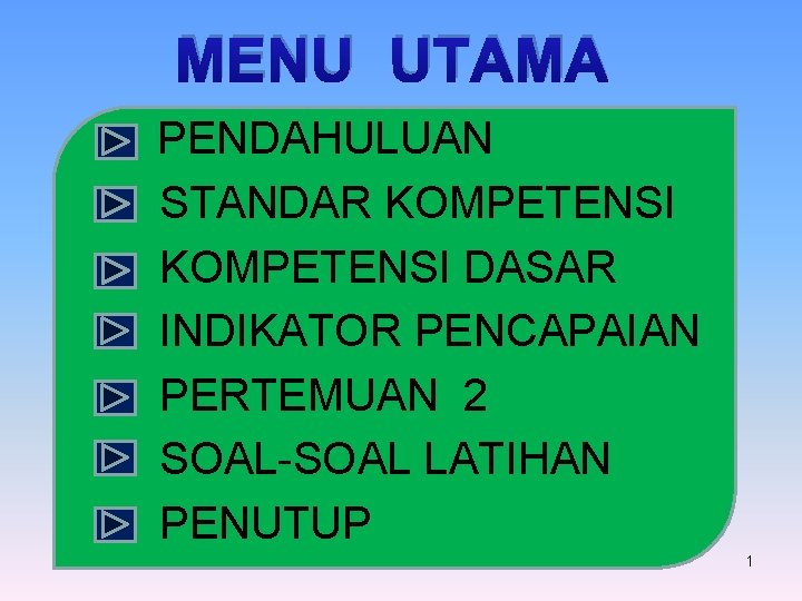 MENU UTAMA PENDAHULUAN STANDAR KOMPETENSI DASAR INDIKATOR PENCAPAIAN PERTEMUAN 2 SOAL-SOAL LATIHAN PENUTUP 1