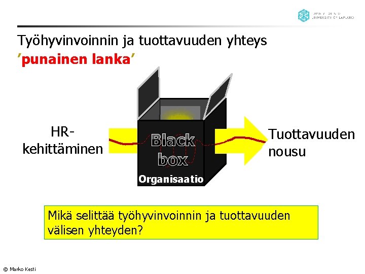 Työhyvinvoinnin ja tuottavuuden yhteys ’punainen lanka’ HRkehittäminen Black box Tuottavuuden nousu Organisaatio Mikä selittää