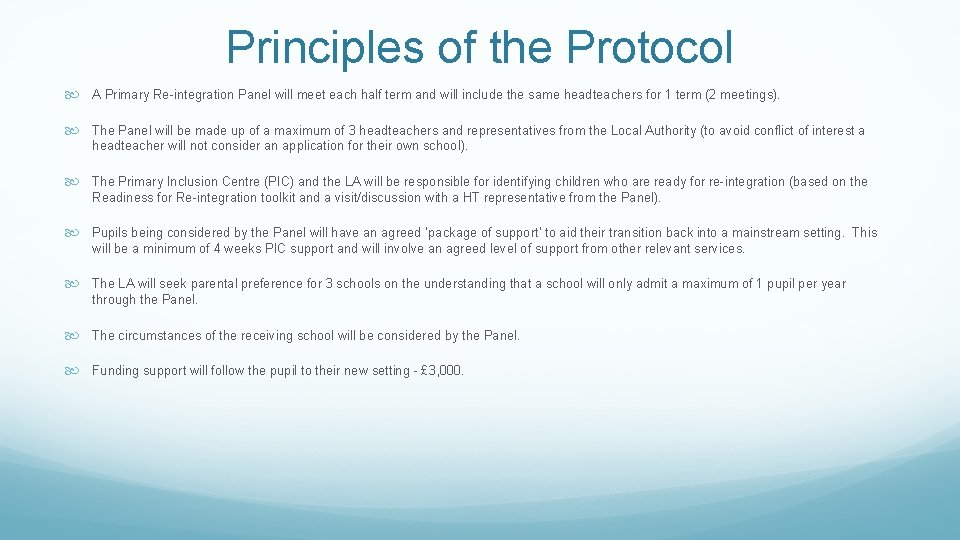 Principles of the Protocol A Primary Re-integration Panel will meet each half term and