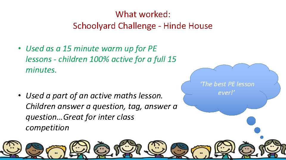What worked: Schoolyard Challenge - Hinde House • Used as a 15 minute warm