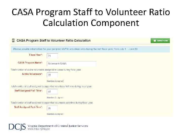 CASA Program Staff to Volunteer Ratio Calculation Component 