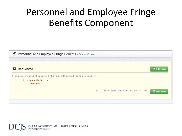 Personnel and Employee Fringe Benefits Component 