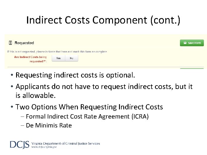 Indirect Costs Component (cont. ) • Requesting indirect costs is optional. • Applicants do