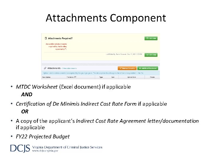 Attachments Component • MTDC Worksheet (Excel document) if applicable AND • Certification of De