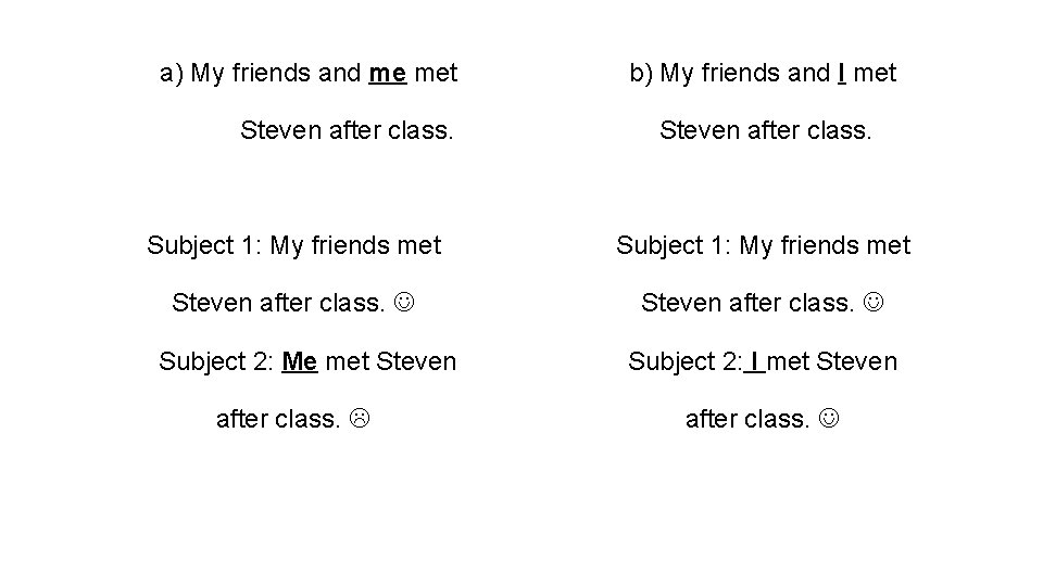 a) My friends and me met Steven after class. b) My friends and I
