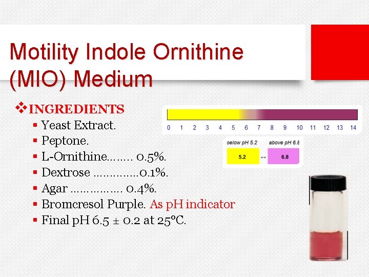 Motility Indole Ornithine (MIO) Medium v. INGREDIENTS § Yeast Extract. § Peptone. § L-Ornithine…….