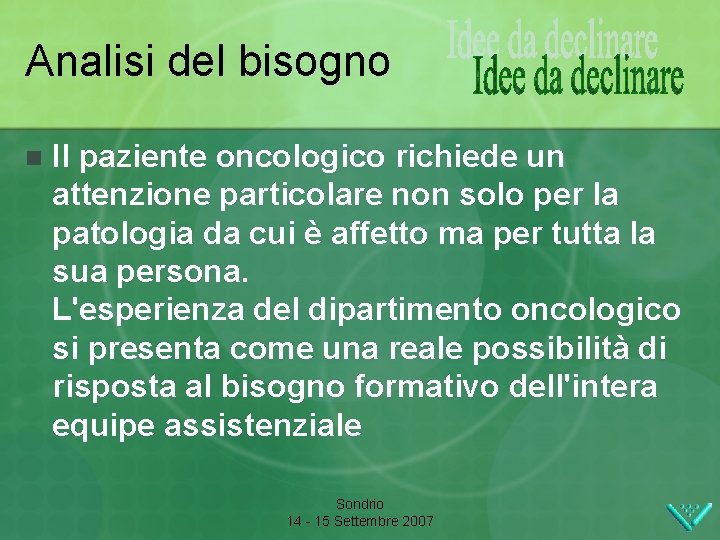 Analisi del bisogno n Il paziente oncologico richiede un attenzione particolare non solo per