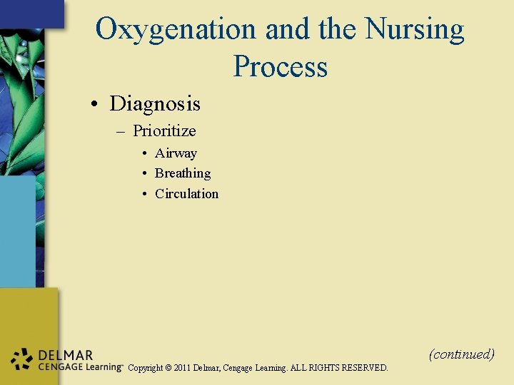 Oxygenation and the Nursing Process • Diagnosis – Prioritize • Airway • Breathing •