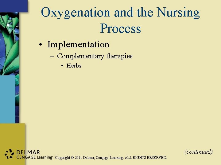 Oxygenation and the Nursing Process • Implementation – Complementary therapies • Herbs (continued) Copyright