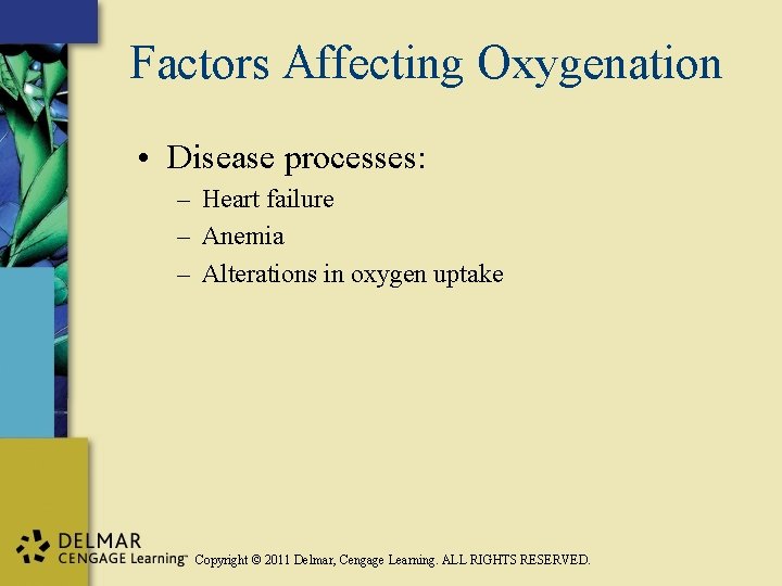 Factors Affecting Oxygenation • Disease processes: – Heart failure – Anemia – Alterations in