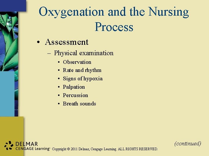 Oxygenation and the Nursing Process • Assessment – Physical examination • • • Observation