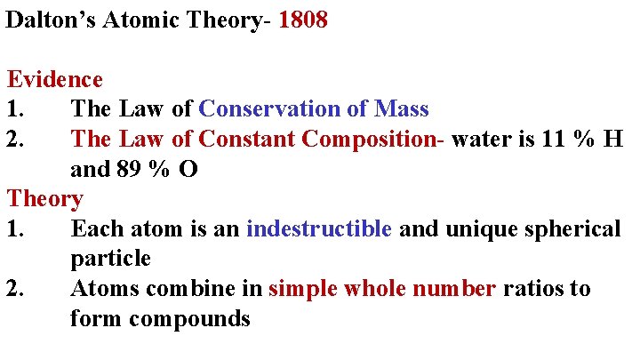 Dalton’s Atomic Theory- 1808 Evidence 1. The Law of Conservation of Mass 2. The