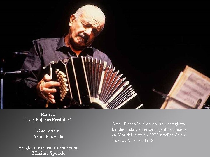 Música: “Los Pájaros Perdidos” Compositor: Astor Piazzolla Arreglo instrumental e intérprete: Máximo Spodek Astor