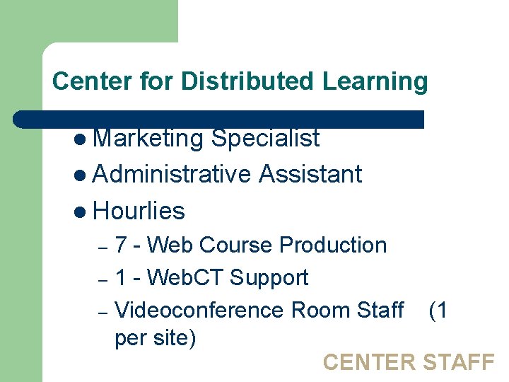 Center for Distributed Learning l Marketing Specialist l Administrative Assistant l Hourlies 7 -