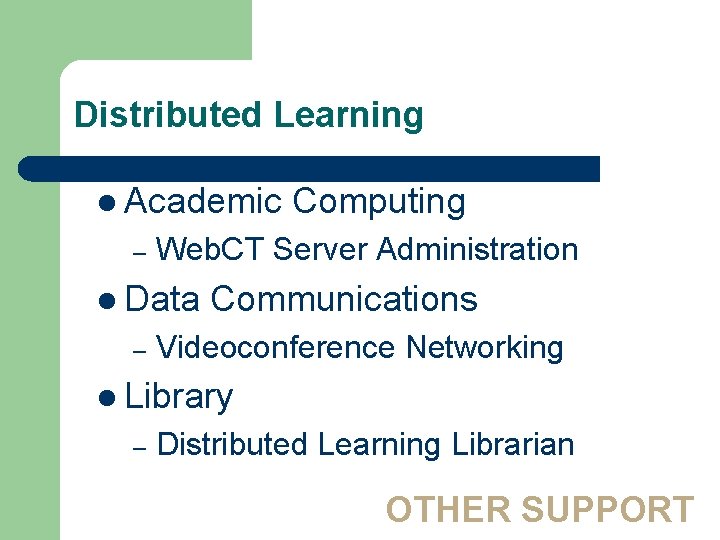 Distributed Learning l Academic – Web. CT Server Administration l Data – Computing Communications