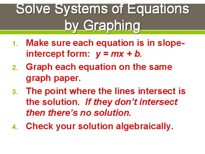 Solve Systems of Equations by Graphing 1. 2. 3. 4. Make sure each equation