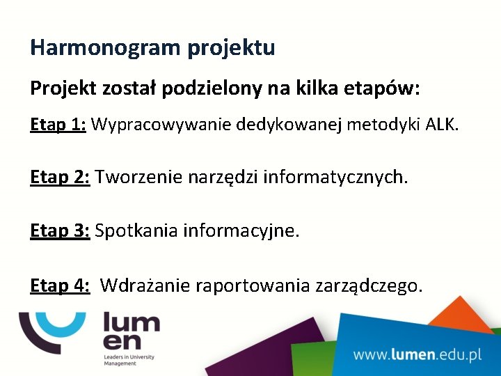 Harmonogram projektu Projekt został podzielony na kilka etapów: Etap 1: Wypracowywanie dedykowanej metodyki ALK.