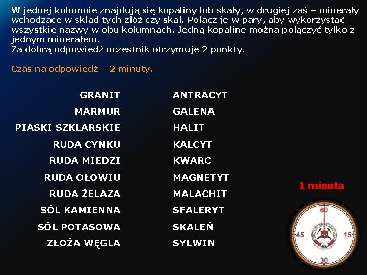 W jednej kolumnie znajdują się kopaliny lub skały, w drugiej zaś – minerały wchodzące