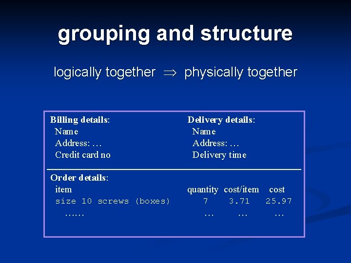 grouping and structure logically together physically together Billing details: Name Address: … Credit card grouping and structure logically together physically together Billing details: Name Address: … Credit card