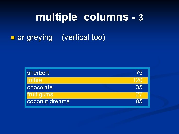 multiple columns - 3 n or greying (vertical too) sherbert toffee chocolate fruit gums