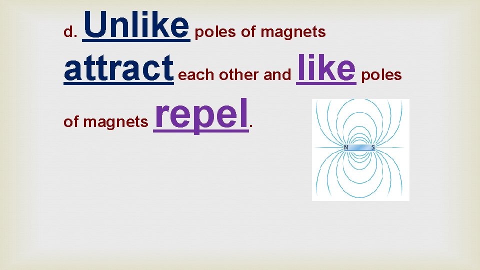 Unlike poles of magnets attract each other and like poles d. of magnets repel