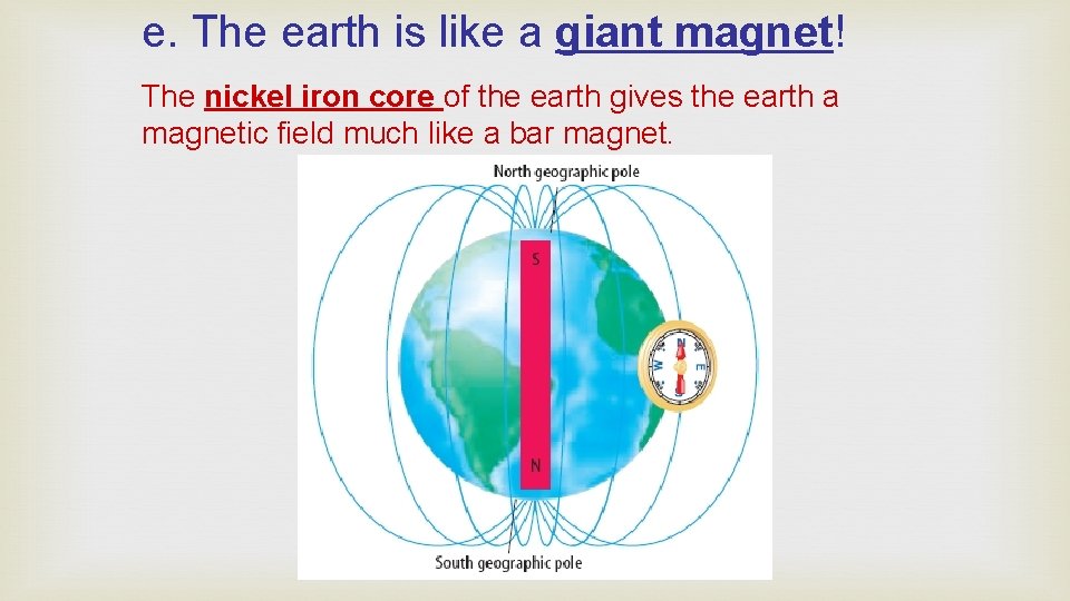 e. The earth is like a giant magnet! The nickel iron core of the