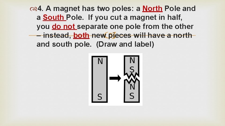  4. A magnet has two poles: a North Pole and a South Pole.