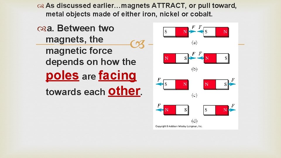  As discussed earlier…magnets ATTRACT, or pull toward, metal objects made of either iron,