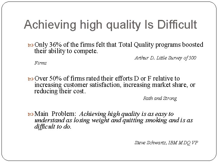 Achieving high quality Is Difficult Only 36% of the firms felt that Total Quality