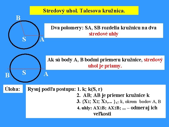 Stredový uhol. Talesova kružnica. B S Dva polomery: SA, SB rozdelia kružnicu na dva