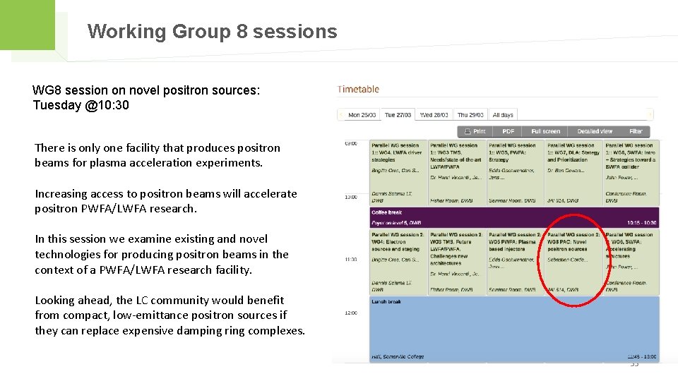 Working Group 8 sessions WG 8 session on novel positron sources: Tuesday @10: 30