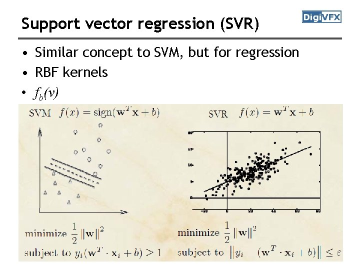 Support vector regression (SVR) • Similar concept to SVM, but for regression • RBF