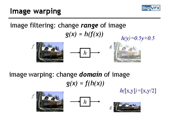 Image warping image filtering: change range of image g(x) = h(f(x)) h(y)=0. 5 y+0.