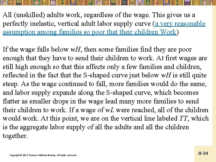 All (unskilled) adults work, regardless of the wage. This gives us a perfectly inelastic,