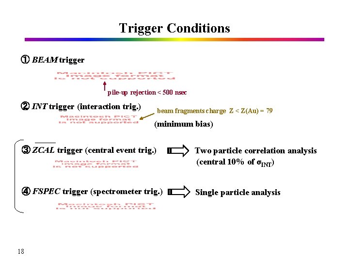 Trigger Conditions ① BEAM trigger pile-up rejection < 500 nsec ② INT trigger (interaction