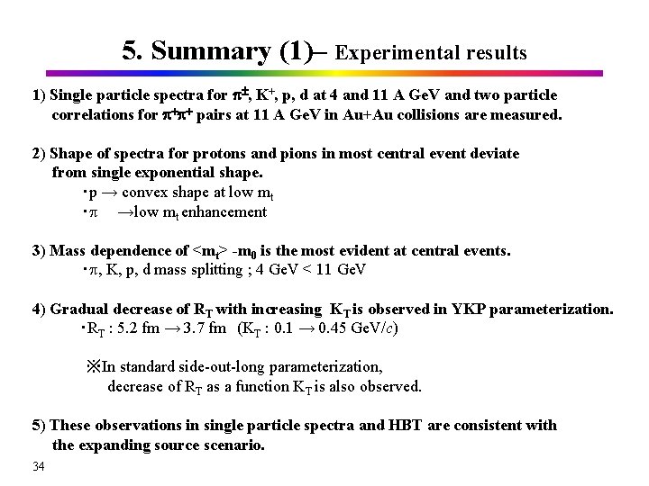 5. Summary (1)– Experimental results 1) Single particle spectra for p±, K+, p, d