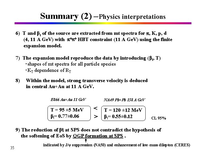 Summary (2) –Physics interpretations 6) T and βt of the source are extracted from