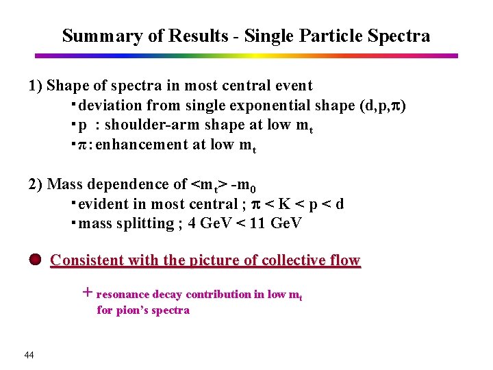 Summary of Results - Single Particle Spectra 1) Shape of spectra in most central