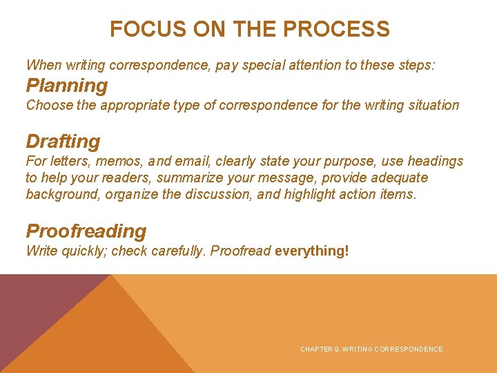 FOCUS ON THE PROCESS When writing correspondence, pay special attention to these steps: Planning