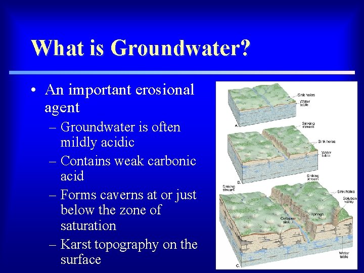 What is Groundwater? • An important erosional agent – Groundwater is often mildly acidic