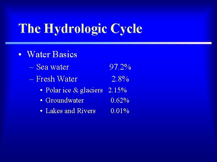 The Hydrologic Cycle • Water Basics – Sea water – Fresh Water 97. 2%