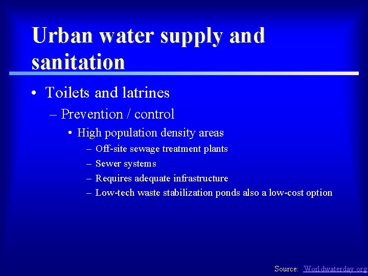 Urban water supply and sanitation • Toilets and latrines – Prevention / control •