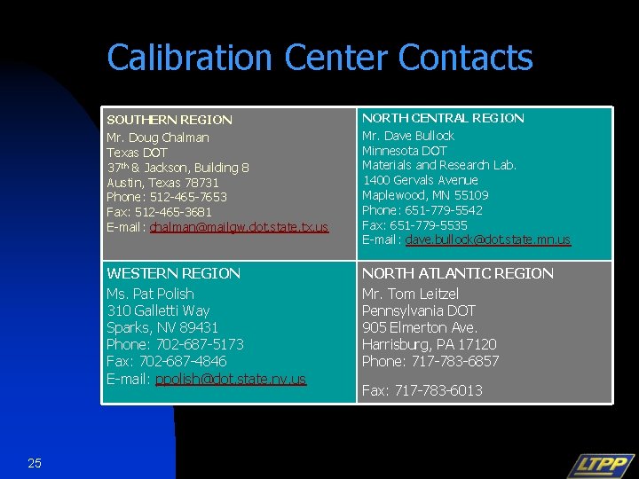 Calibration Center Contacts 25 SOUTHERN REGION Mr. Doug Chalman Texas DOT 37 th &
